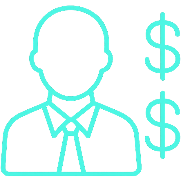 minimalist neon icon of a trader with dollar signs, color #0BD794, glowing outline emoji