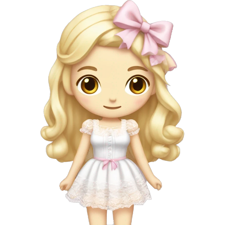 full body, woman standing, pale skin, long blonde hair, wearing lolita pink dress with white lace, wearing a pretty white bow on top of her head emoji