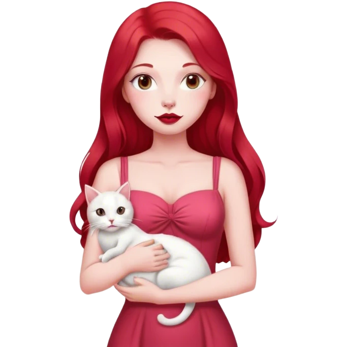 ผู้หญิงใส่ชุดเดรสเห็นทั้งตัวชุดเดรสสีแดงผมยาวสีแดงทาลิปสีชมพูถือแมวหนึ่งตัวสีขาว emoji