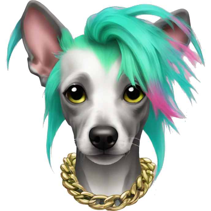 Punk Chinese crested dog neon rainbow cyan green pink hair gold chain punk piercings tattoos punk ear piercings emoji