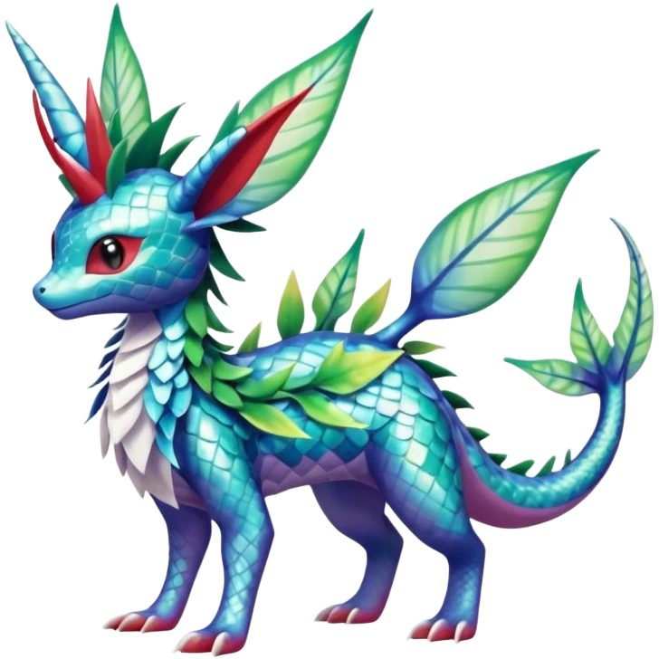 Shiny Scaley Marked Patterned Colorful Tropical Shaymin-Vaporeon-Sceptile-Flygon-Meloetta-Pokémon-Fakémon-fusion, full body emoji