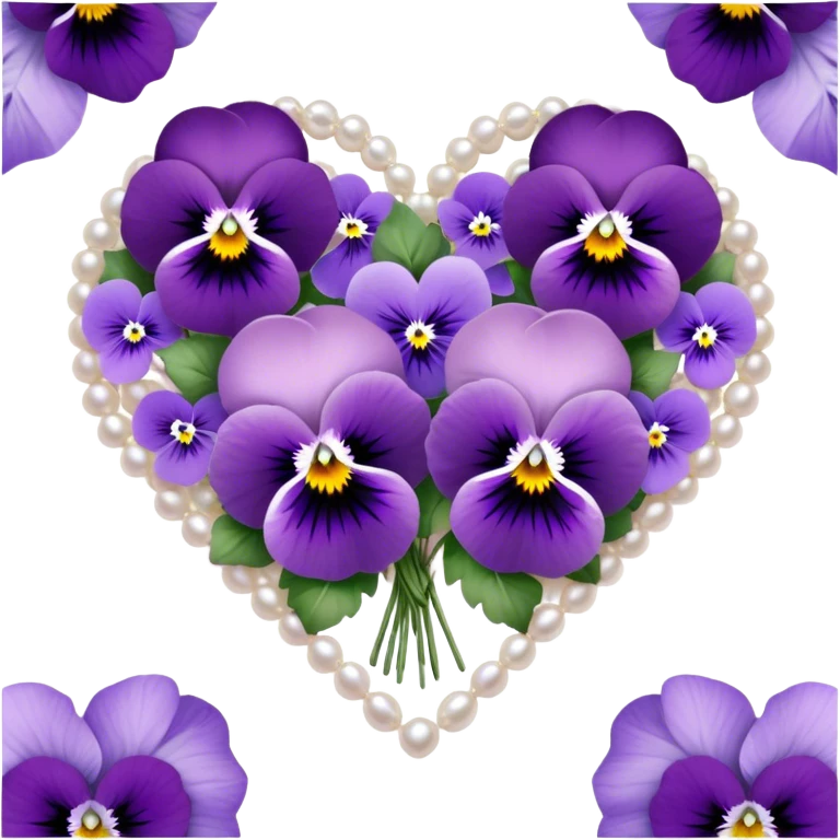 An exquisite heart-shaped bouquet composed of deep lilac flowers and ice violet pansies, harmoniously blended with amethyst and pastel purple tones, is delicately placed on smooth pearl satin fabric, its beauty further enhanced by the subtle sparkle of tiny silver adornments. emoji