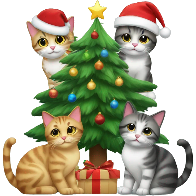 Four different cats sitting under a Christmas tree  emoji