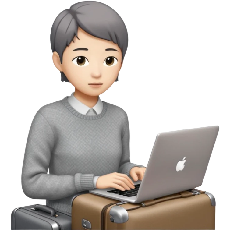 페르소나 요약 : 교환학생을 준비하는 대학생. 동양인 중성 20대의 상반신, 캐주얼한 옷(니트, 맨투맨)을 입은 채 노트북을 보고 있으며 옆 한켠에는 캐리어가 함께 준비되어 있어요. 안경은 끼지 않았어요 emoji