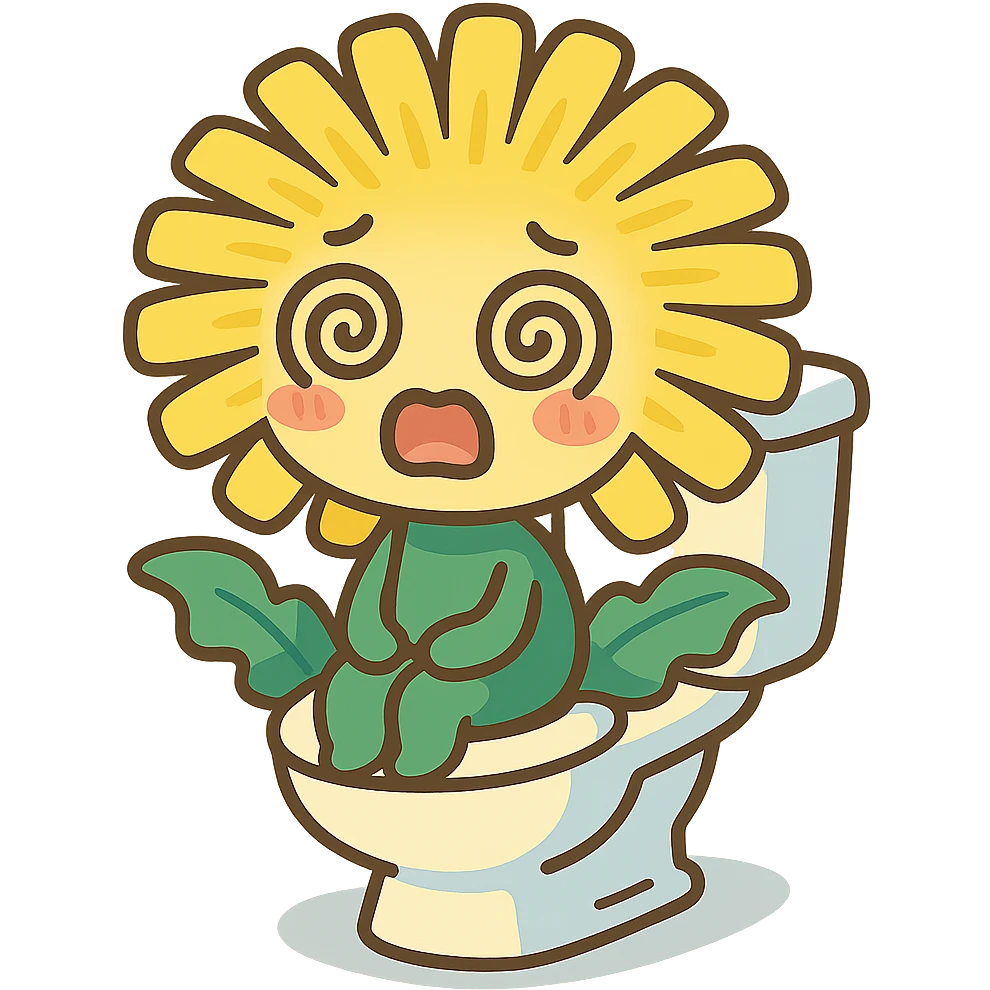 lemon yellow dandelion flower with a shocked face, sitting on a toilet with swirls in the eyes, soft colors, chibi expression emoji
