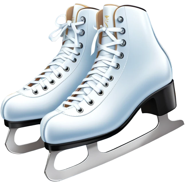 An icon showing The rink is surrounded by cheering spectators and soft arena lights, creating a beautiful, dynamic atmosphere. a pair of elegant figure skates placed on the smooth, sparkling ice of a grand ice arena. Transparent background highlights the grace and beauty of figure skating. emoji