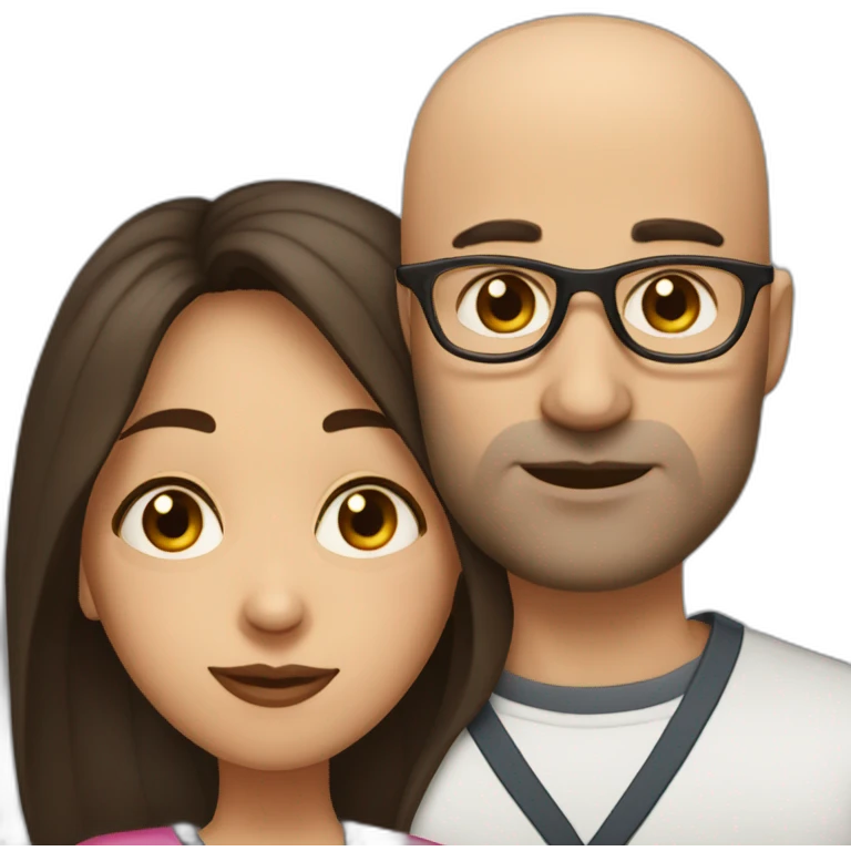 dark brown haired woman without glasses kissing bald man with glasses emoji