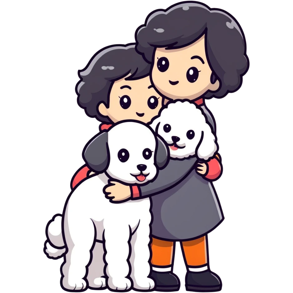 Woman with short black straight hair hugging a brown poodle and a white bichon frise emoji