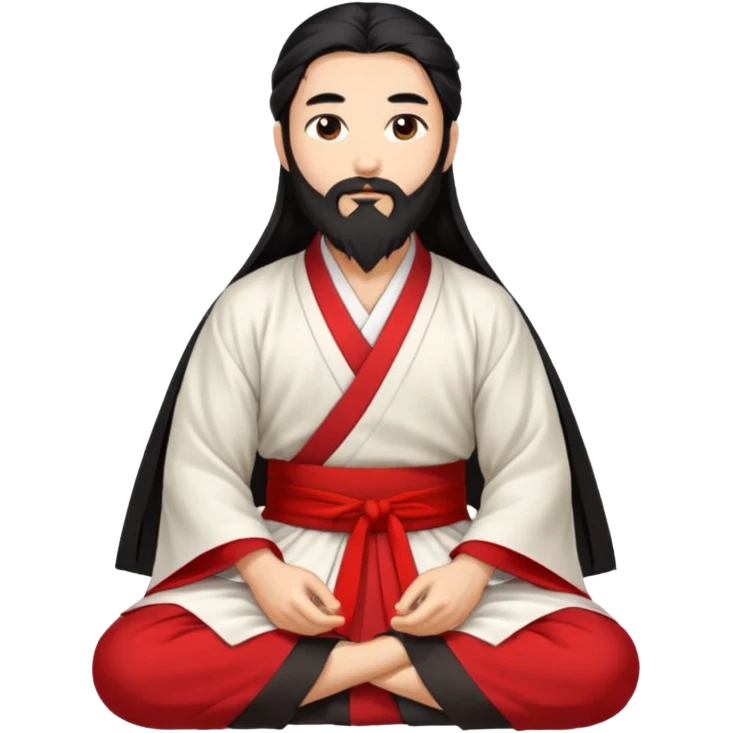 Beautiful man with lightly tan skin and dark long beard, long hair, in red and white Hanfu sitting on the ground emoji