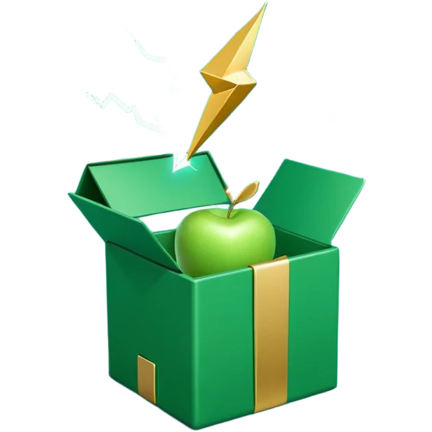 3D minimal open gift box with small floating icons coming out (envelope, lightning bolt, sparkle), matte finish, deep green (#0B3D2C) box, gold (#C9B037) icons, Apple style, ultra minimal, soft shadow, transparent background emoji