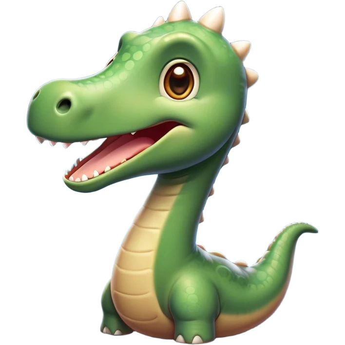 Cinematic Cute Brontosaurus Portrait Emoji, Head tilted playfully with a gentle smile, featuring a charming, massive form with an elongated neck and a small, endearing head adorned with bright, curious eyes, Simplified yet irresistibly adorable features, highly detailed, glowing with a warm, inviting prehistoric glow, high shine, affectionate and lively, stylized with a touch of whimsical ancient charm, soft glowing outline, capturing the essence of a playful Brontosaurus that seems as if it could amble out of the screen into your arms! emoji