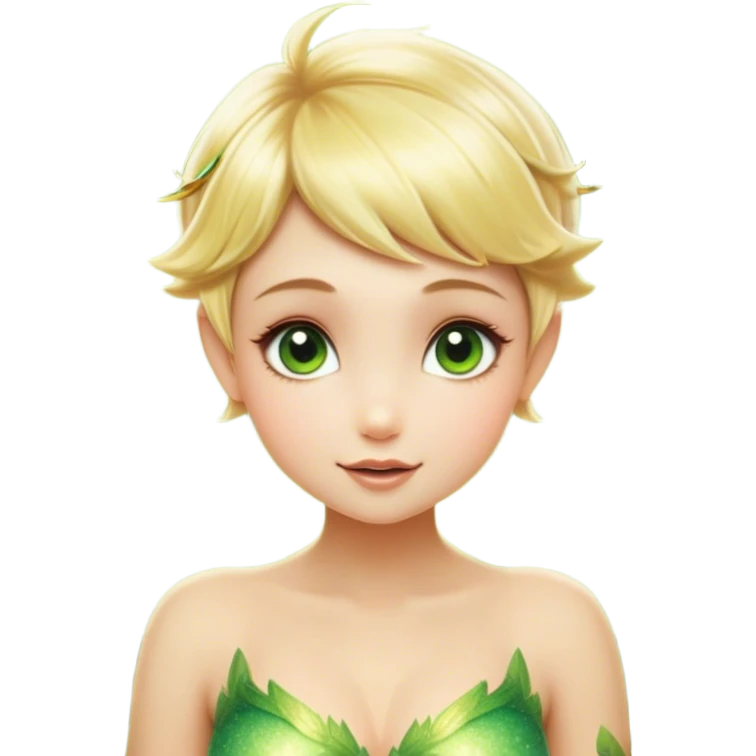 Cinematic Realistic Blonde Tinker Bell Fairy Portrait, depicted with lifelike, delicate skin glowing with a subtle radiant aura, soft natural lighting accentuating her gentle features, and intricately detailed golden blonde hair styled in a whimsical pixie cut. Her iridescent, translucent wings shimmer with delicate fairy dust, and her expressive, sparkling eyes reflect a world of magic. Adorned in a subtle blend of woodland greens and soft pastel accents, the portrait exudes an enchanting glow that seamlessly merges realism with fairy charm. emoji