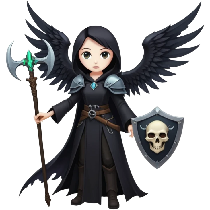 Necromancer girl with wings, a scythe and shield, in front of a dead mage emoji