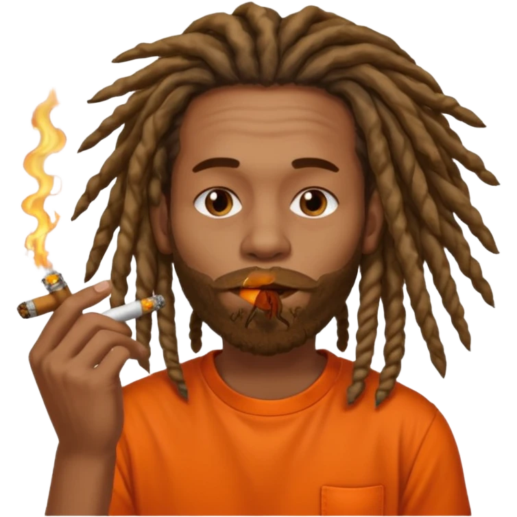 Brownskin man with very long dreadlocks orange shirt smoking weed blunt in mouth emoji