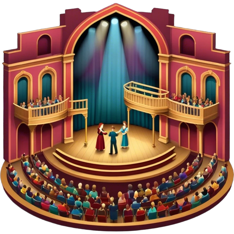 An icon depicting a theater stage with actors performing a play, illuminated by dramatic lighting. The audience watches from colorful balconies, while an orchestra plays in the pit, creating an immersive atmosphere. transparent background. emoji