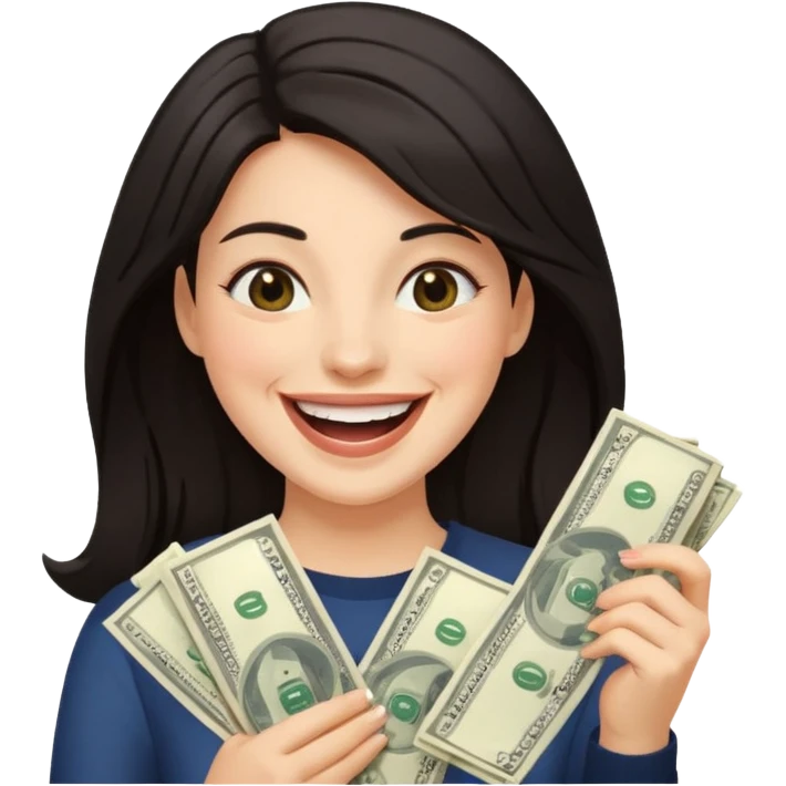 laughing dark haired woman holding lots of money emoji