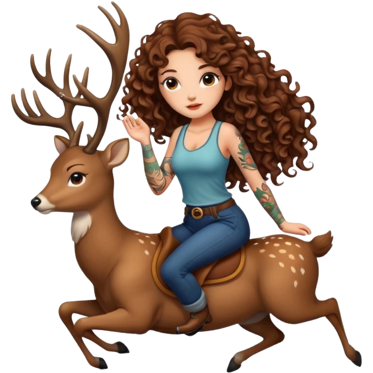 cute woman long curly brown hair tattoos riding calm deer emoji