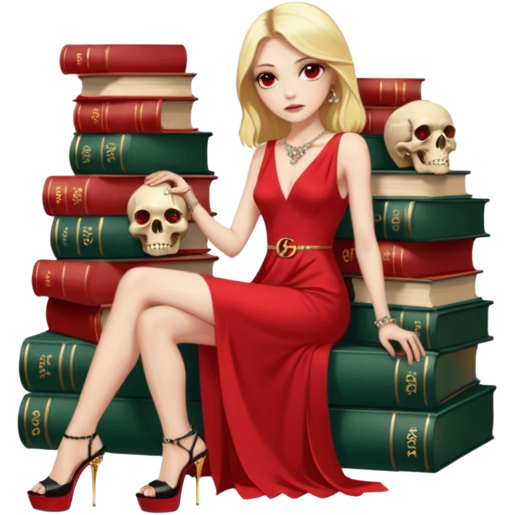 Lilith symbol red eye seductress evil shoulder length blonde haired powerful woman with Gucci  long dress with slit, sitting on of gold and diamonds. Black Platform high heels on feet. seat full of stacks,  dead human skull of her enemies in her other hand emoji