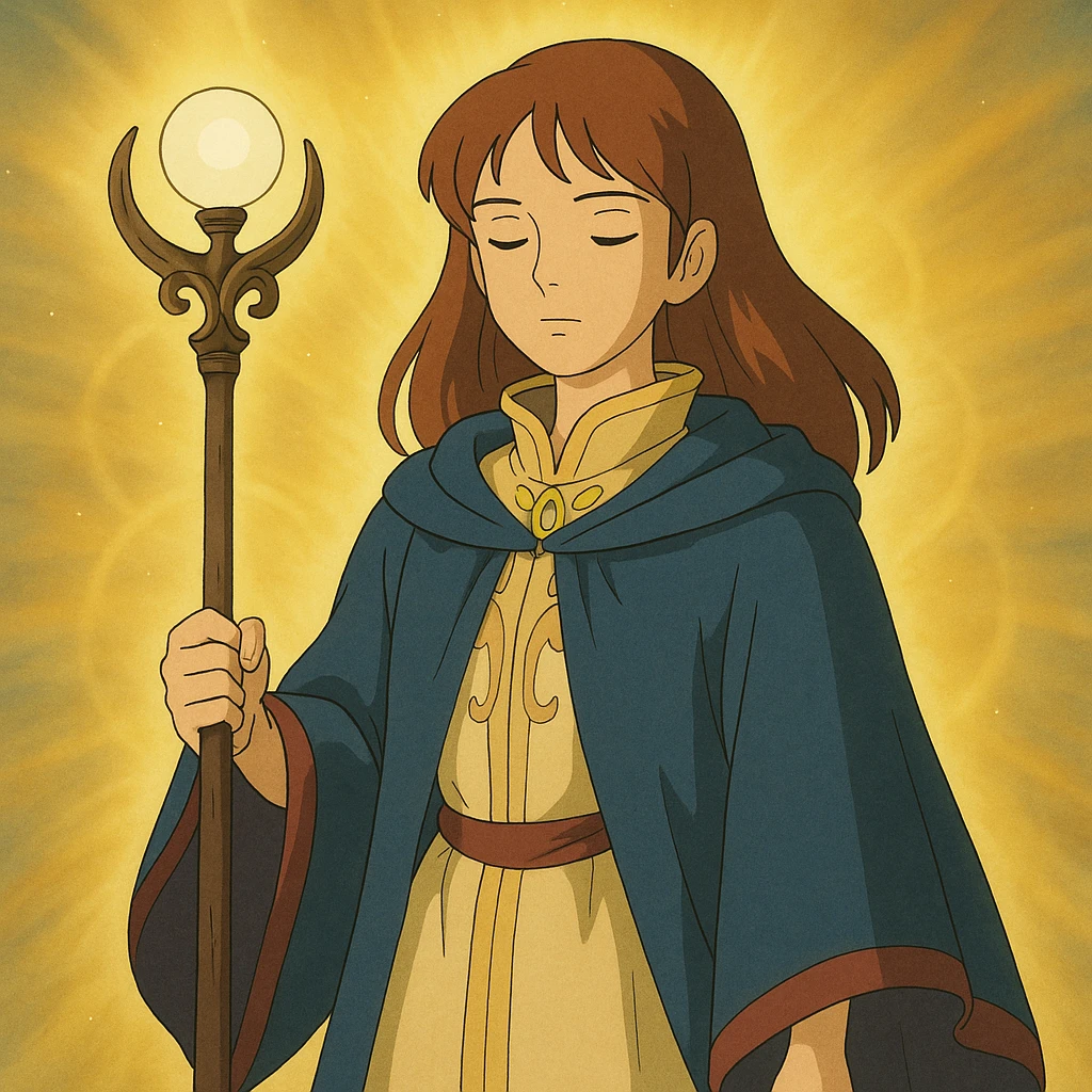 legendary mentor, young woman with elegant robe and magical staff, surrounded by light, ghibli style emoji
