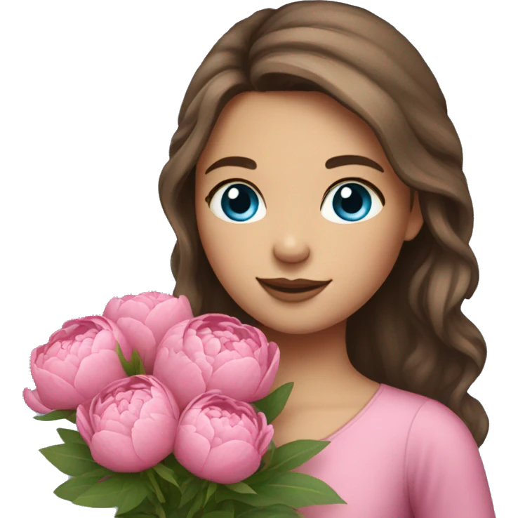 a girl with long brown hair and blue eyes holding a Beautiful bouquet of pink peonies   emoji