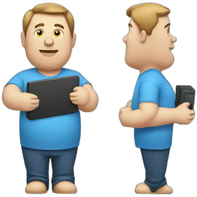 fat man in a blue shirt using a computer emoji