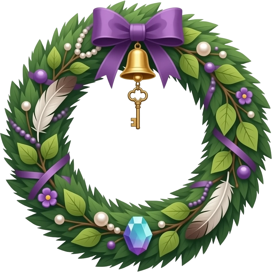 Cute beautiful realistic decorative aesthetic glorious beautiful pretty hunter-Forest-green and deep-dusty-violet wreath circle hanging decoration With hangin bells, hanging keys, hanging trinkets, hanging feathers, hanging beads and pearls, ribbon, leaves, ivies, floral, fluorite crystals, etc. emoji