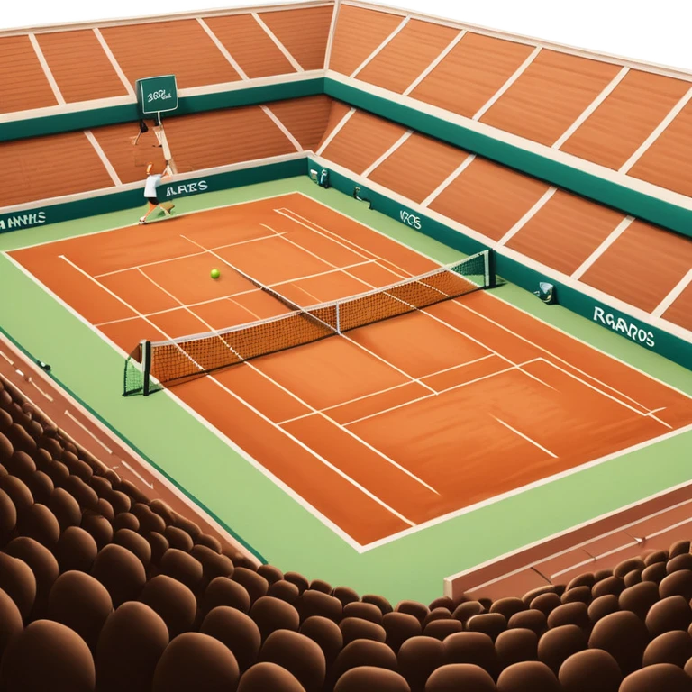 A tennis court at the Roland Garros tournament, with the iconic clay surface and a tennis ball bouncing near the net. The scene evokes the energy and excitement of the grand event, with vibrant crowds in the stands and a competitive atmosphere. emoji