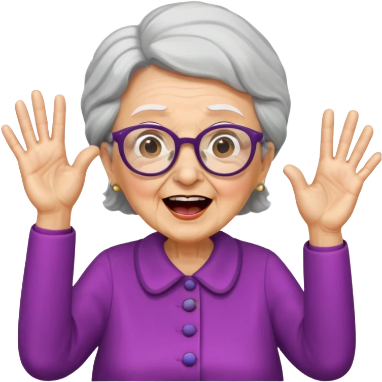 An old lady with big glasses, waving her arms while yelling encouragement. emoji