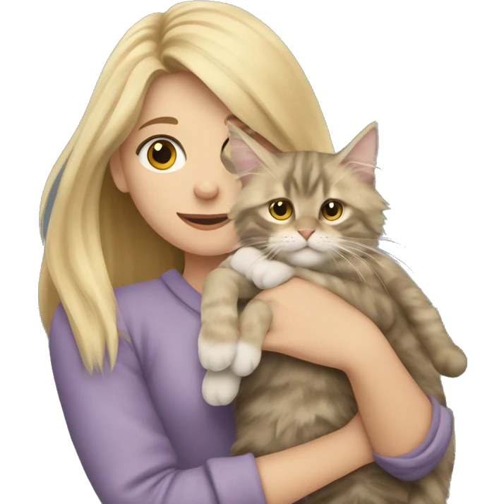 A blonde girl holds a maine coon cat in her arms emoji