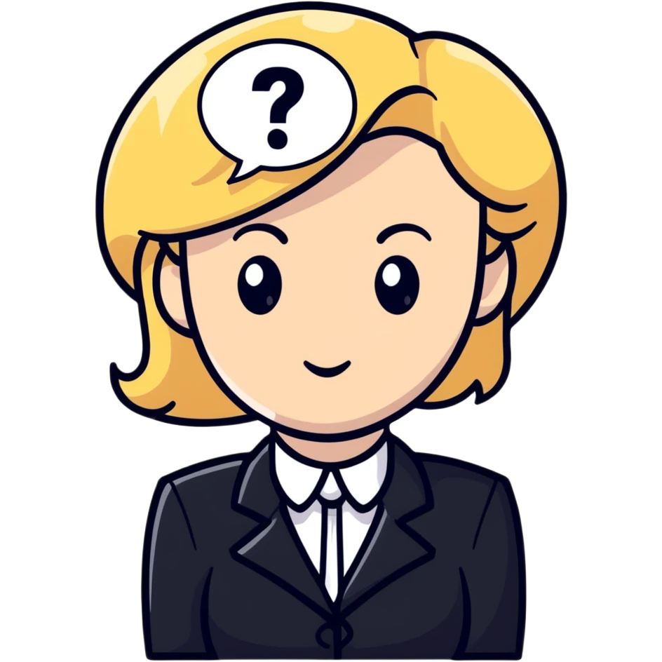blonde haired white woman in a black formal suit with a white speech bubble containing a black question mark next to her head emoji