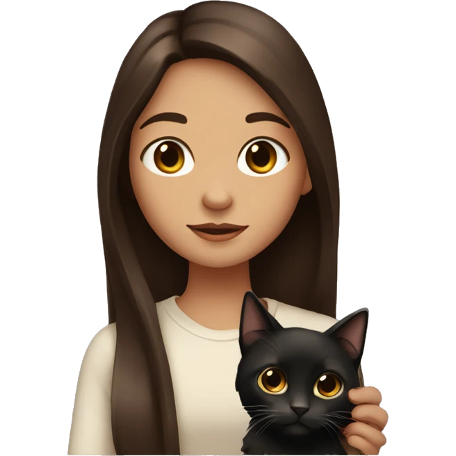 a girl with dark really long brown hair with brown eyes and holding a tiny cat that is black? emoji