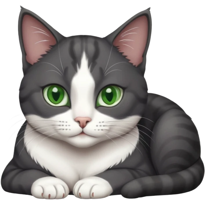 beautiful female solid dark grey cat with green eyes, white toes/paws and white patch on her chest lying down emoji