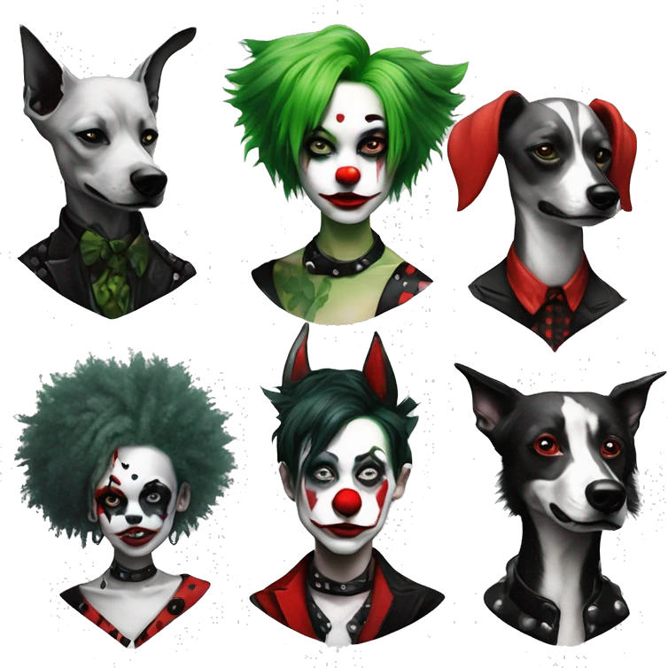 Punk Green gray black red punk dog joker Harley Quinn mime clown harlequin facepaint tattoos punk lurcher surrealism  emoji