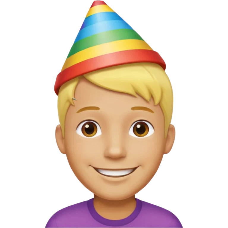 man, short yellow hair, rainbow birthday hat, happy emoji
