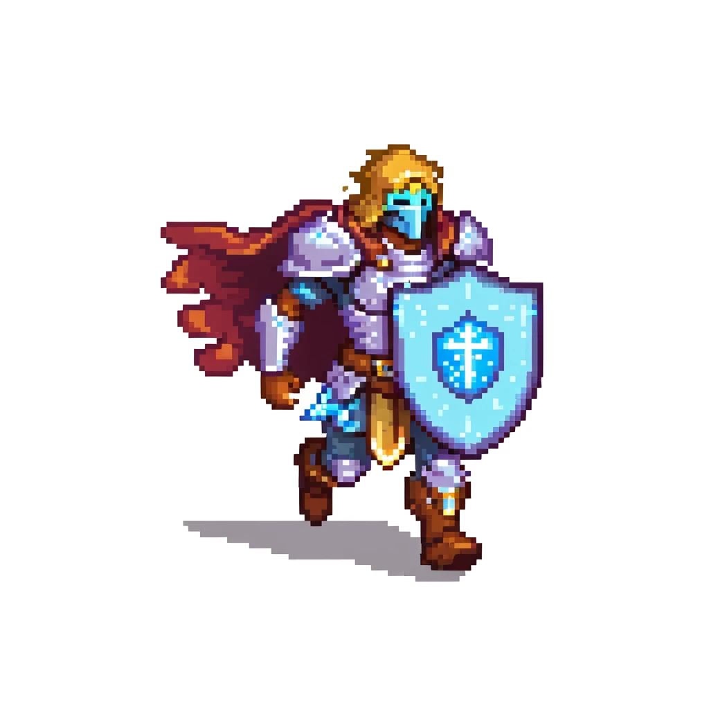 running paladin with glowing holy aura and shield emoji