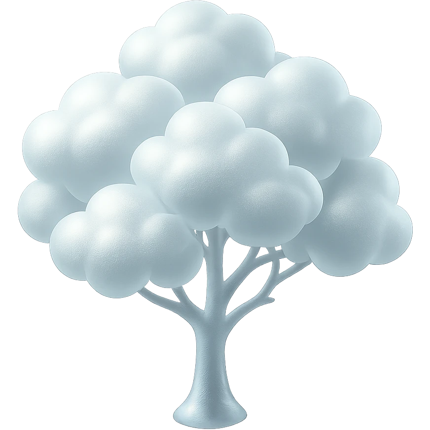 one tree with many branches and a white trunk, crown made of small very bright white fluffy convex clouds, matte glass style emoji