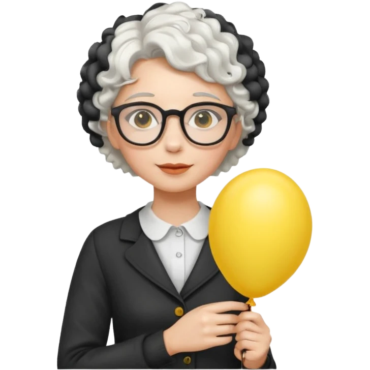 woman with short curly white hair and wearing glasses, holding yellow balloon emoji