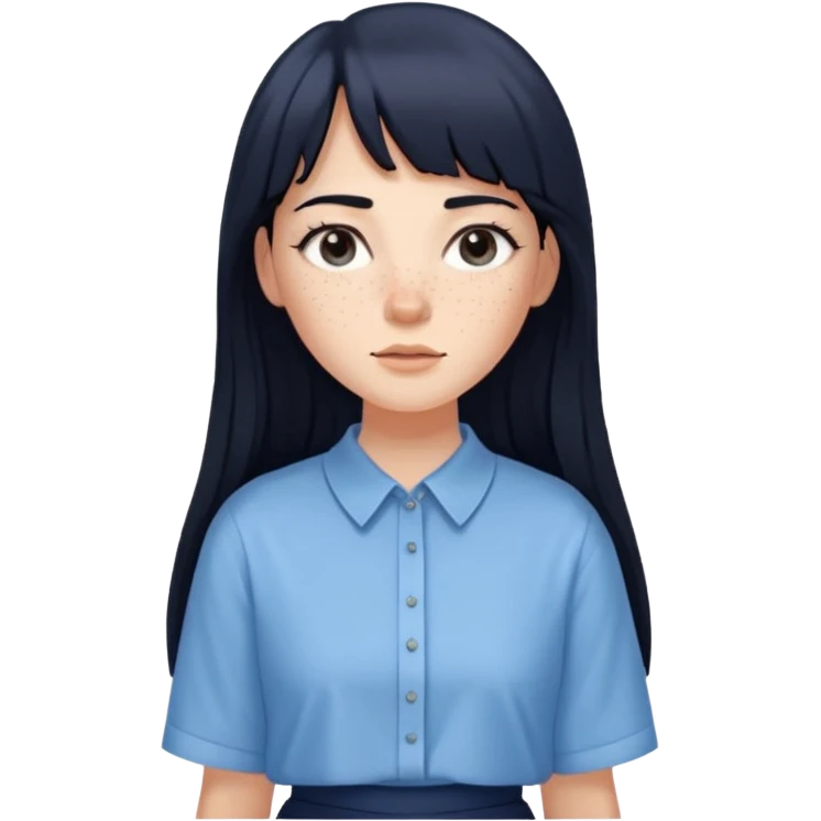 hair : black long hair with fringe 
skin : light with freckelt
cloth : oversize light blue shirt + navy long long skirt 
 emoji