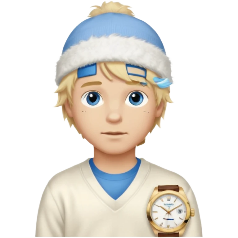 Create a look for a blond boy with long, tousled hair, light eyes, a white sweater, a wealthy appearance, blue eyes, and accessories like a Rolex or Cartier watch, and a cute face with messy hair down. blue eyes + + pajama white fluffy + cap fluffy emoji
