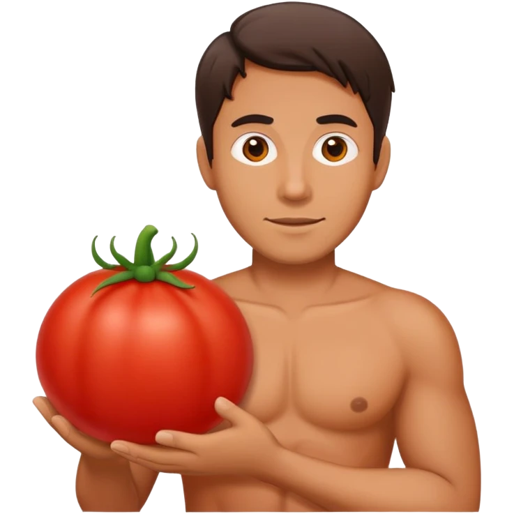 man with a large red tomato instead of a belly emoji