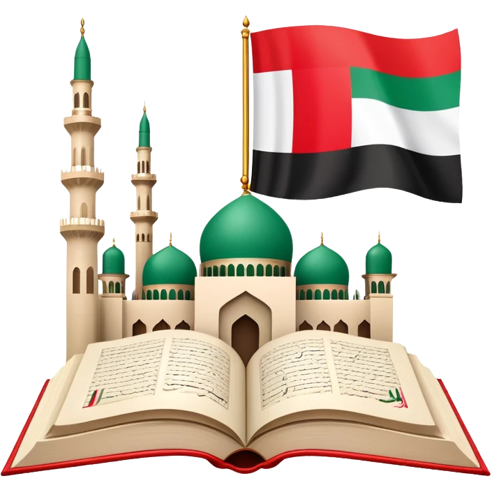 An icon featuring the mosque and the big flag of United Arab Emirates, symbolizing the Arabic language. The design includes an open book with Arabic script and calligraphy, representing language learning and cultural heritage. Transparent background emoji