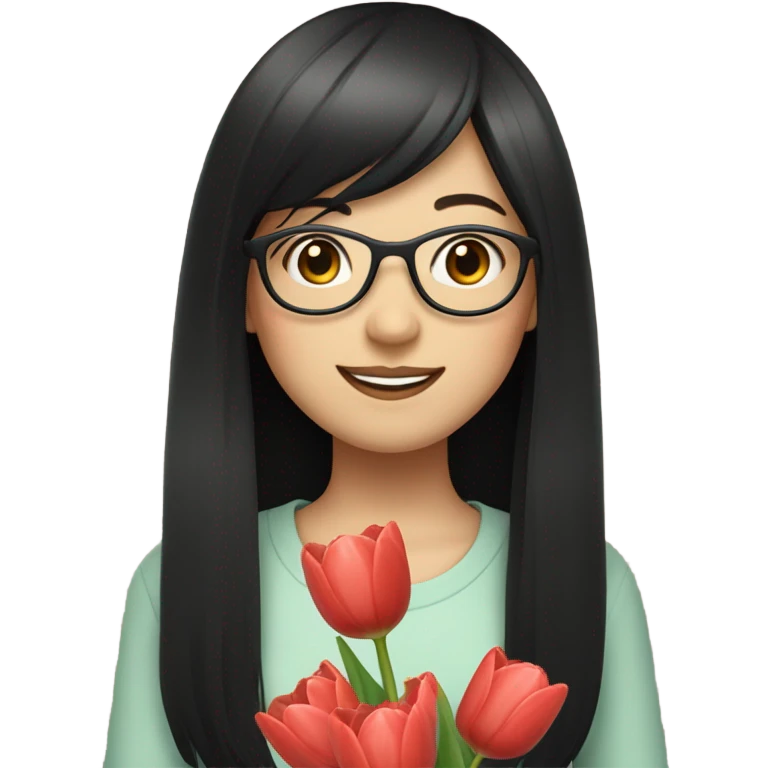 asian pale skin girl with long black hair and bangs and glasses holding tulips, smiling emoji