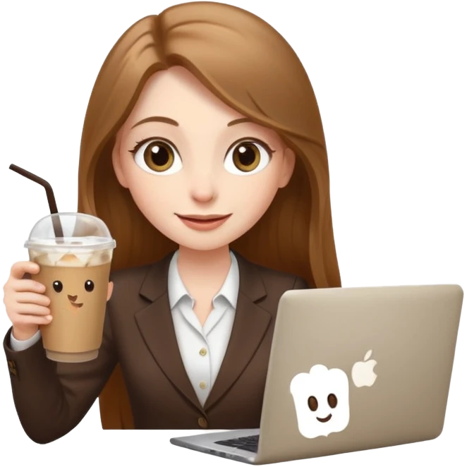 Women in front of laptop with a happy face, face a little fuller, long light brown hair, light brown big eyes, light pale skin with a iced coffee on the side, business attire emoji