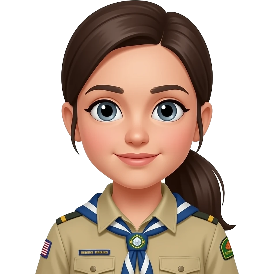 make a girl with brow  long hear in a pony big nose grey eyes big 13 jear in the seond in a scout suit emoji