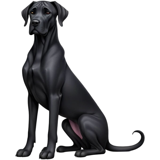 cinematic-[black great dane]-realistic-full-body-sitting-emoji,-tail-resting-loosely-beside-its-paws,-head-tilted-dramatically, ears drooped, -sleek-[black]-fur,-simplified-yet-realistic-focused-features,-highly-detailed,-glowing-with-an-almost-sarcastic-glow emoji