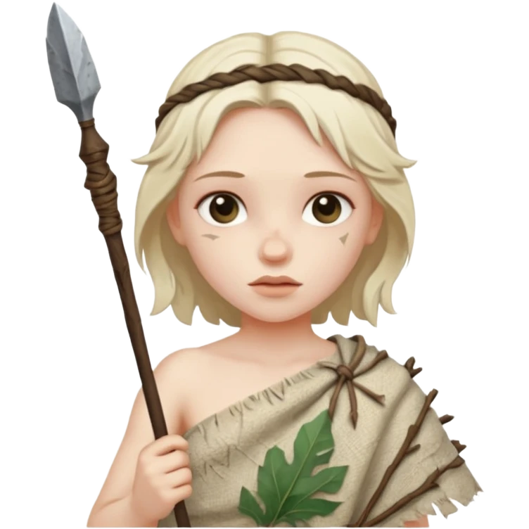ancient girl, tattered leaf cloth, hold broken stone spear emoji