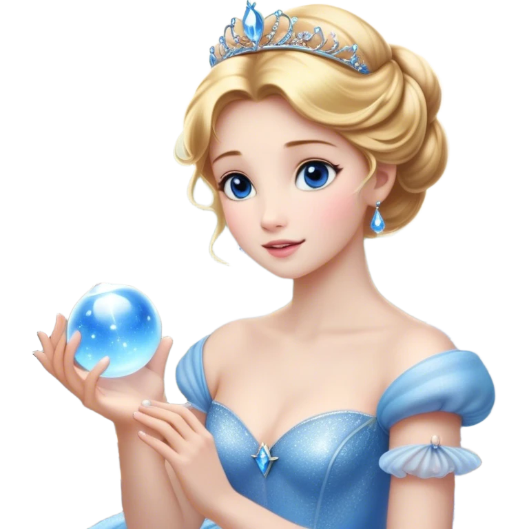 Cinematic Stunning Cinderella Portrait Emoji, Radiant in her sparkling blue ball gown, golden hair in a perfect updo, soft blue eyes full of wonder, glistening tiara, glowing with an ethereal beauty, regal yet kind, a dreamlike aura surrounds her, capturing the essence of a fairy tale princess, elegant and breathtaking! emoji