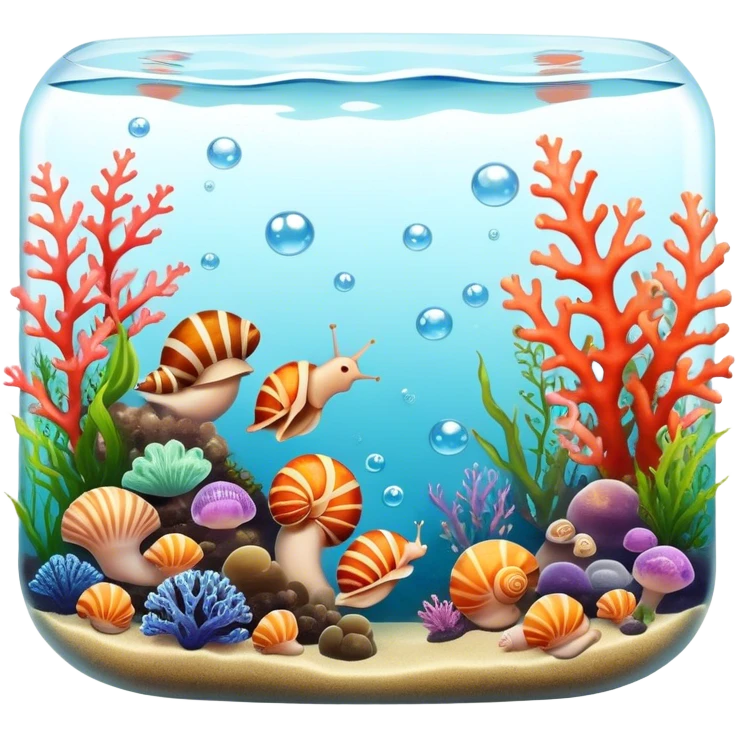 A colorful aquarium with shells, snails, and other mollusks. The water is clear and full of life, with bubbles rising and soft coral on the bottom. The background includes gentle aquatic plants swaying in the current. Transparent background. emoji
