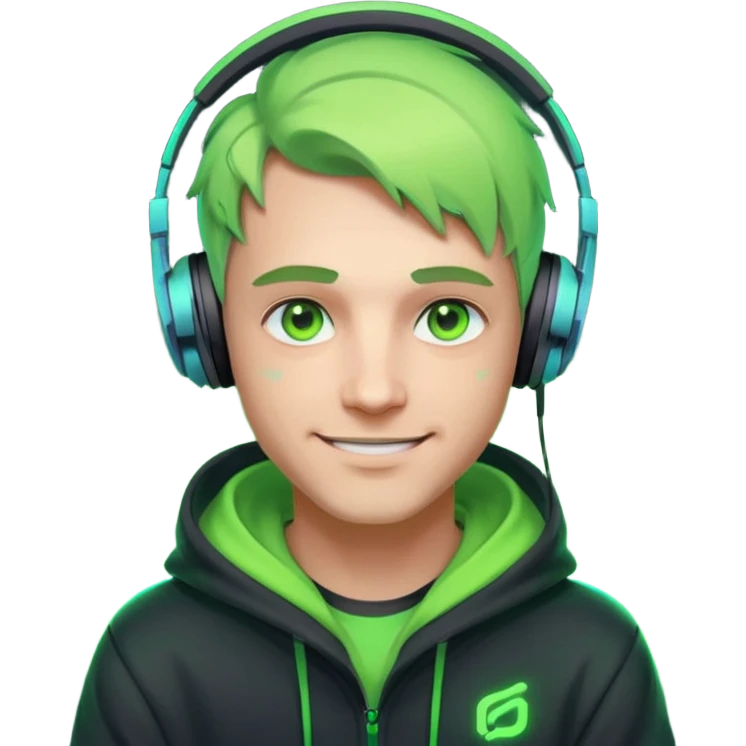 friendly streamer avatar, smiling man, stylized illustration, neon green eyes with soft warm highlights, hoodie and headset with neon accents, subtle cyberpunk vibe, dark background, clean lines, cozy and friendly mood emoji