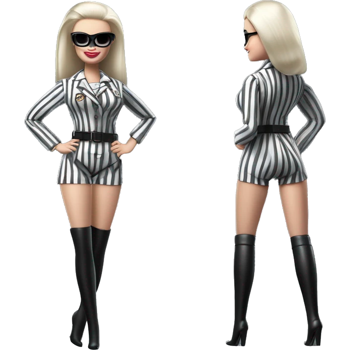 white-skinned Jeffery New York Lingerie Barbie Wednesday Addams from academy in vertically-striped gray and black officer’s uniform. Leaning back at the hips, riding a wheelie on a hot rod bike emoji